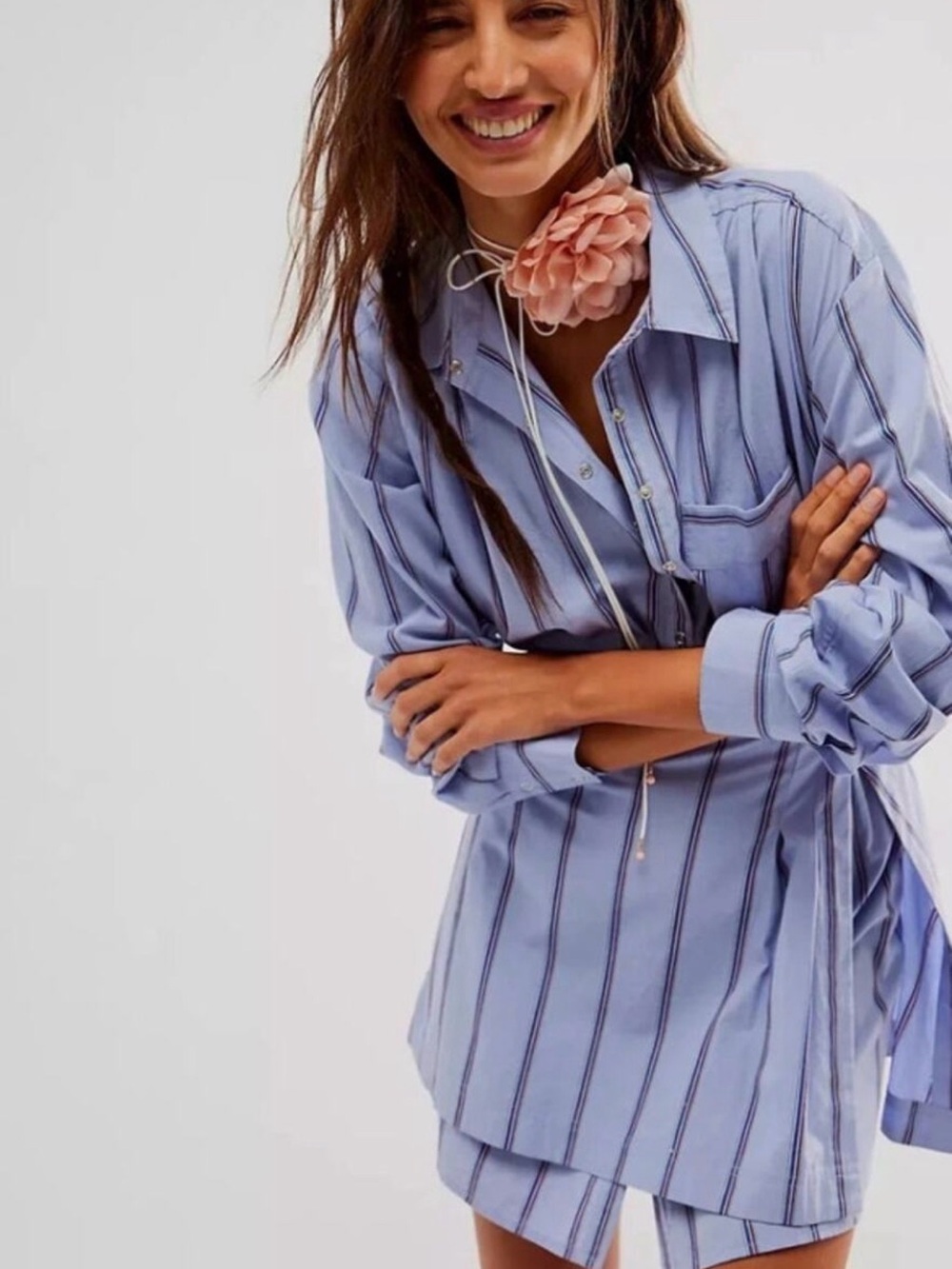 Free People High Vibrations Shirt Dress Blue Stripe Women’s Size Small